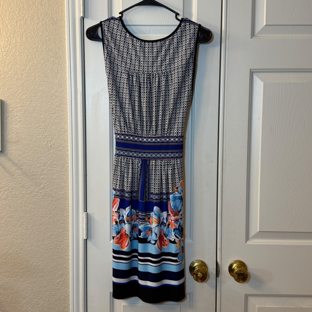 Miami Belted Sleeveless Patterned Blue & Orange Floral V-Neck Dress Womens SzM - Picture 6 of 6
